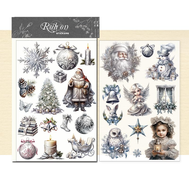 Cataireen Rub On Transfers Stickers 2 Sheets For Crafts Cloth Glass Acrylic Wood Furniture Small Vintage Junk Journal Supplies Scrapbooking Items Christmas Thanksgiving (Silvery Christmas) - Image 2